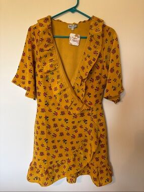 Mustard Floral Wrap Mini Dress with Ruffle Trim
